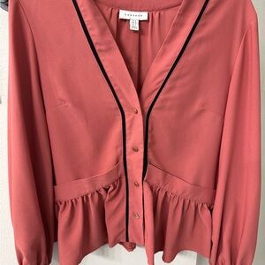 Topshop Mauve Button Down Blouse with Black Trim and Peplum Bottom Size 4